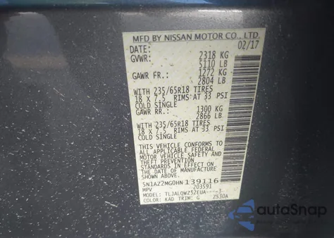 2017 Nissan Murano Sv из США, поврежденный, VIN 5N1AZ2MG0HN139116